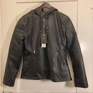 SUPERLATIVE FASHION Sz S SF Leather Moto Lined Pockets Hood Jacket  NWT